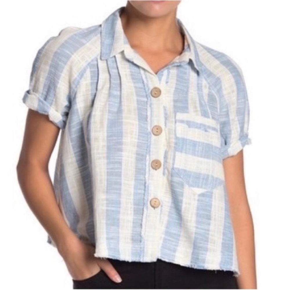 Free People Blue/White Top Away at Sea Linen Button Down Shirt